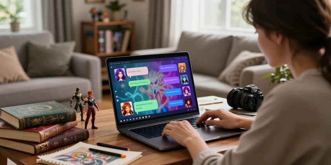 Interactive character AI nsfw roleplay scene with vibrant chat interface and cozy environment.