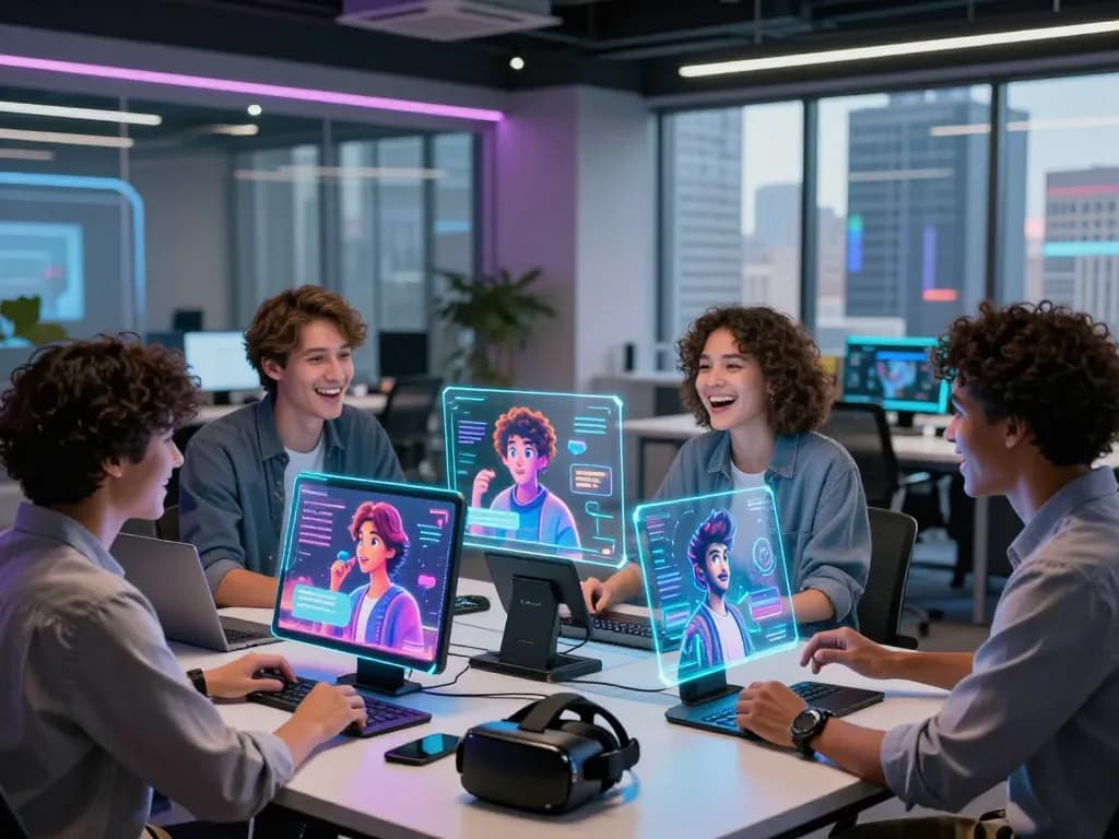 Engaged friends exploring juicy ai character interactions in a vibrant tech workspace.