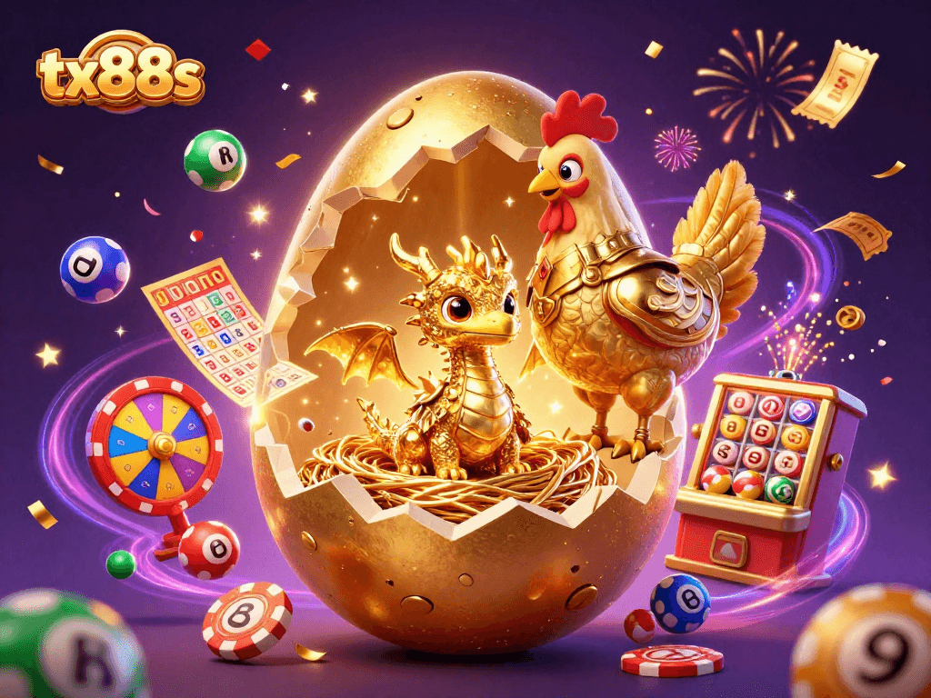 Experience thrilling tx88s games with a magical golden dragon and vibrant casino elements.