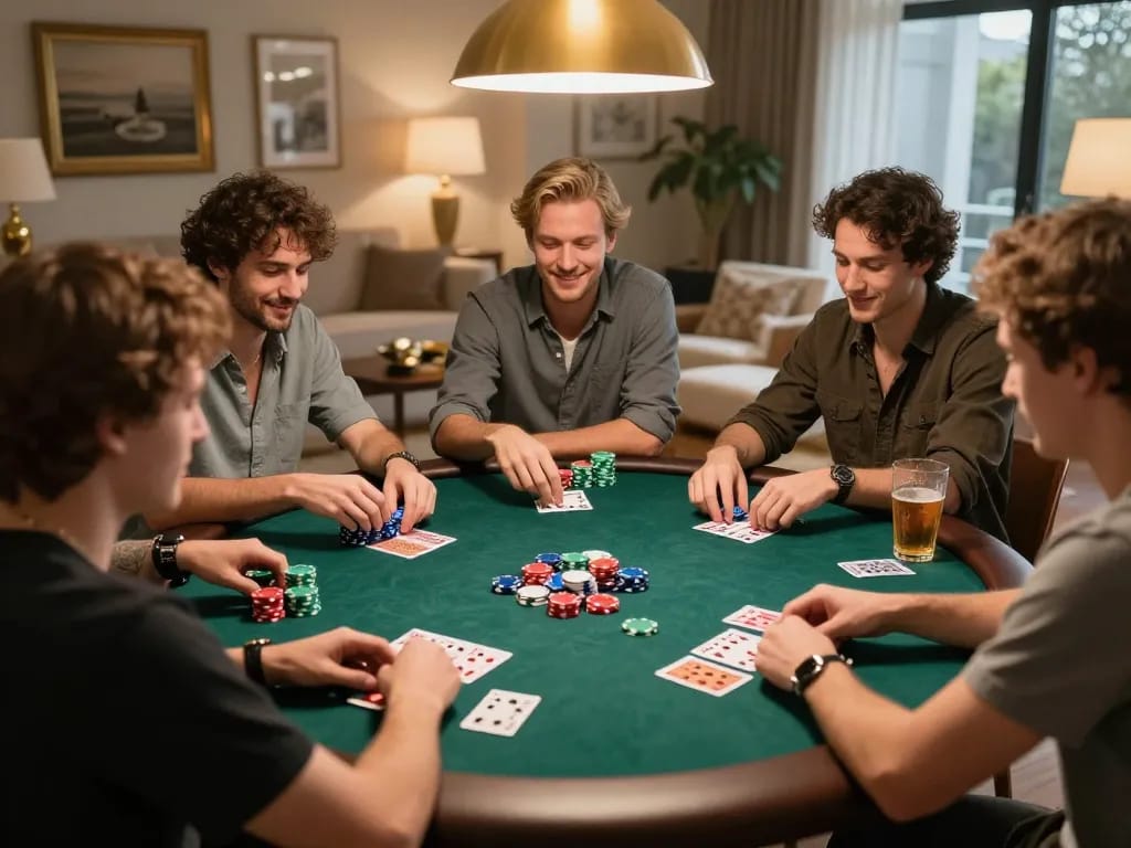 Xo88 uy tín players engaged in a lively home poker game, showcasing their strategic gameplay with chips and cards.