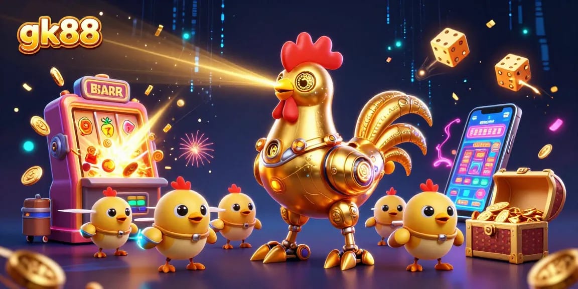 Engage with gk88's exciting world, where a golden rooster robot shoots lasers amidst symbols, showcasing vibrant casino elements.