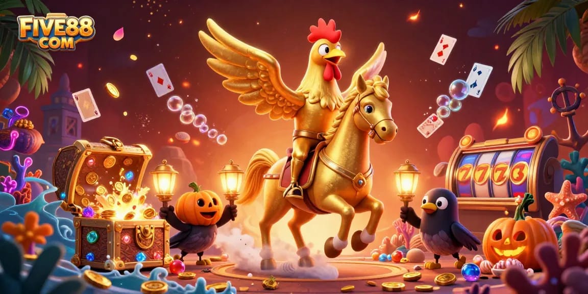 Engage with FIVE88 COM: A thrilling casino adventure featuring a golden rooster and treasure-filled excitement.