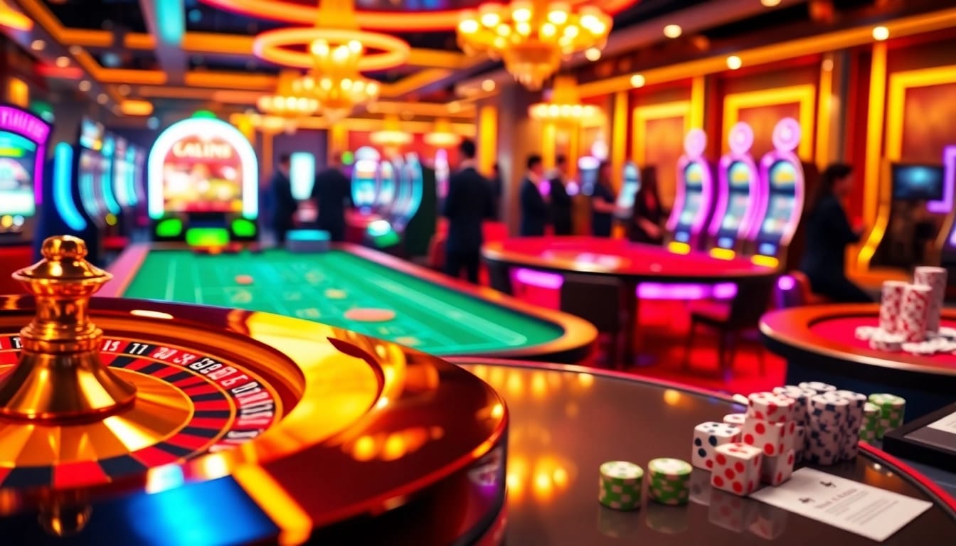 Gamble with excitement and luxury at https://hitclub9.vip/, featuring casino tables and colorful slot machines.