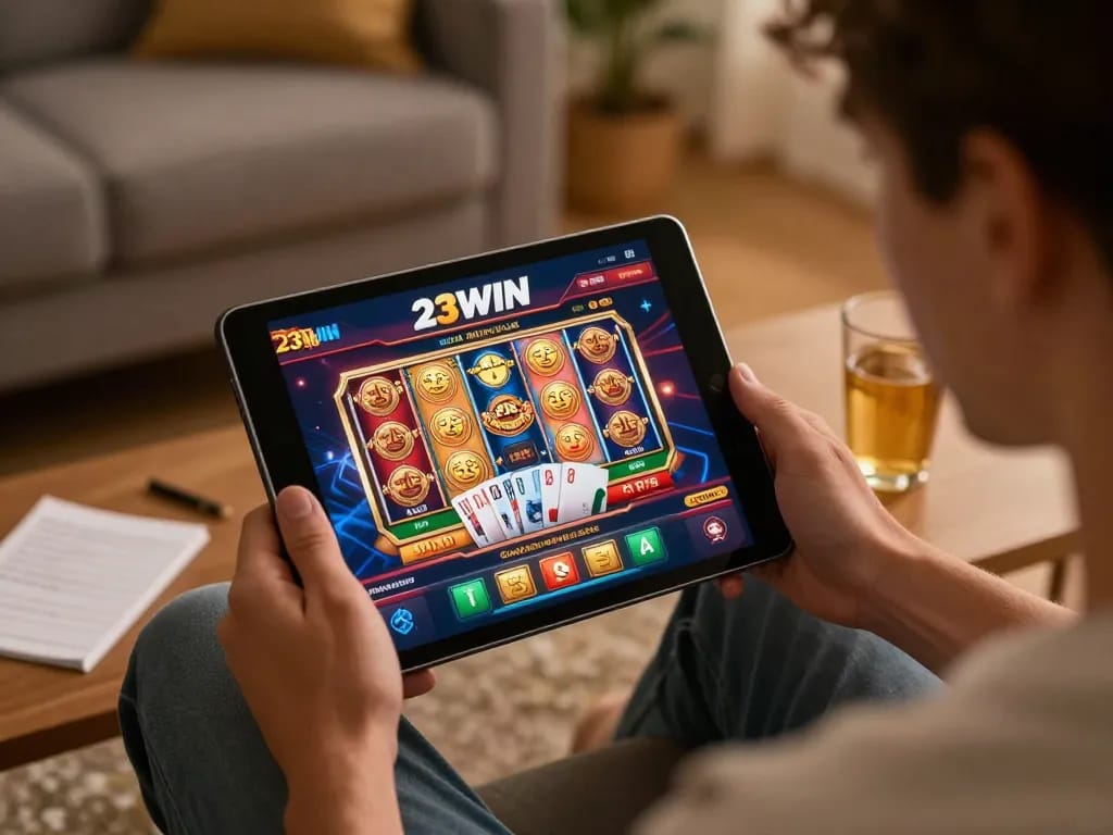Engaged player using 23WIN app on tablet showcasing exciting online casino gameplay.