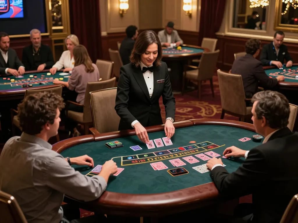 Players engaging in high-stakes blackjack at iwinclub's luxurious live dealer setup, vibrant atmosphere