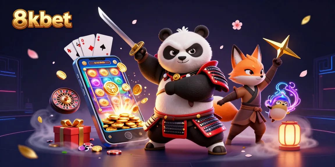 Engage with exciting games at 8kbet, where a samurai panda and ninja fox enhance the thrill of slots and more.