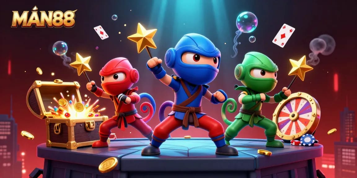 Experience adrenaline-pumping gaming at MAN88 with ninja chameleons amid vibrant casino elements.