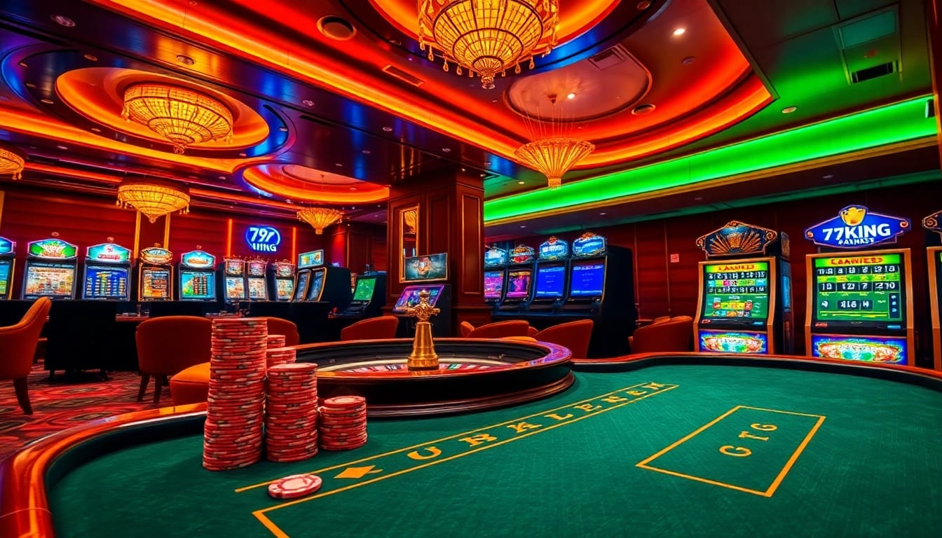 Experience the excitement of 79KING through a vibrant casino scene with poker tables, roulette wheels, and slot machines.