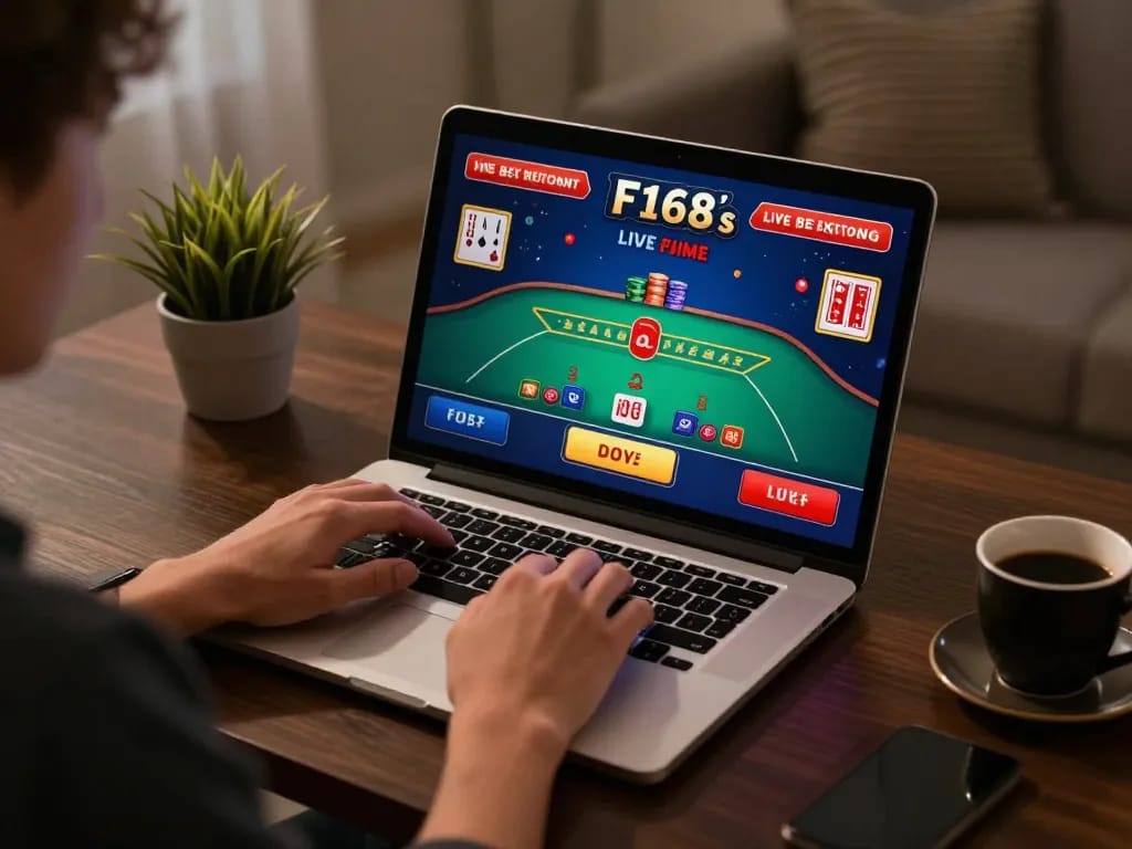 F168 player enjoying live dealer blackjack at home with focused gameplay.