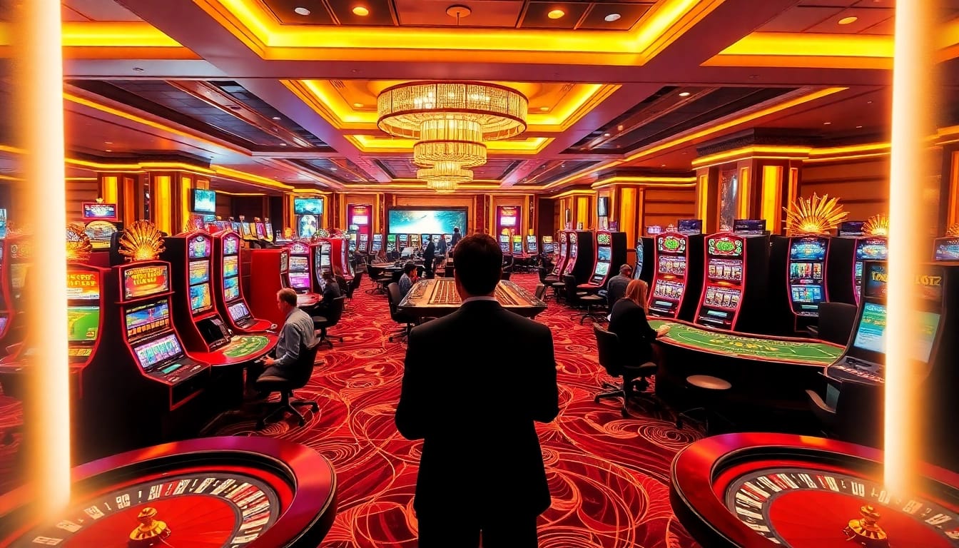 Experience link ku88 excitement at a vibrant casino hall filled with slot machines and poker tables.