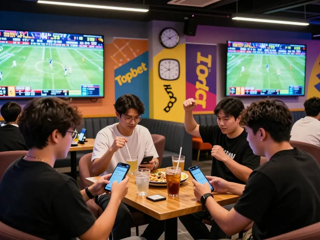 Tải app Topbet for an exciting betting experience in a lively sports lounge.