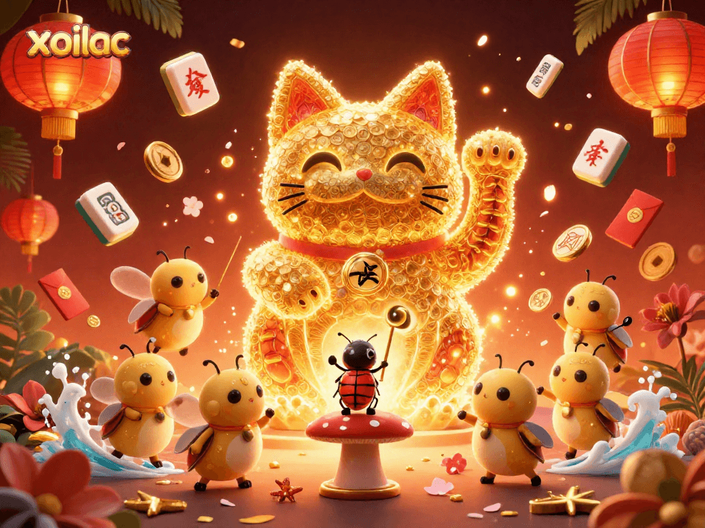 Join the exciting action at xoilac with golden fireflies creating a lucky cat amidst casino symbols.