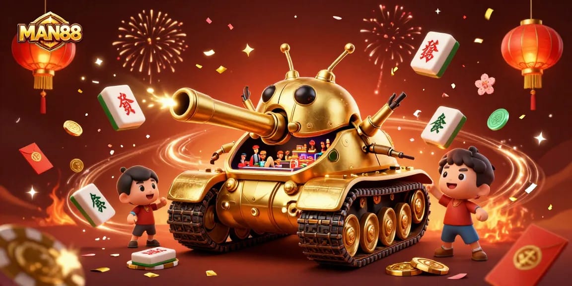 Experience exciting games at MAN88, featuring a vibrant casino within a golden beetle tank.