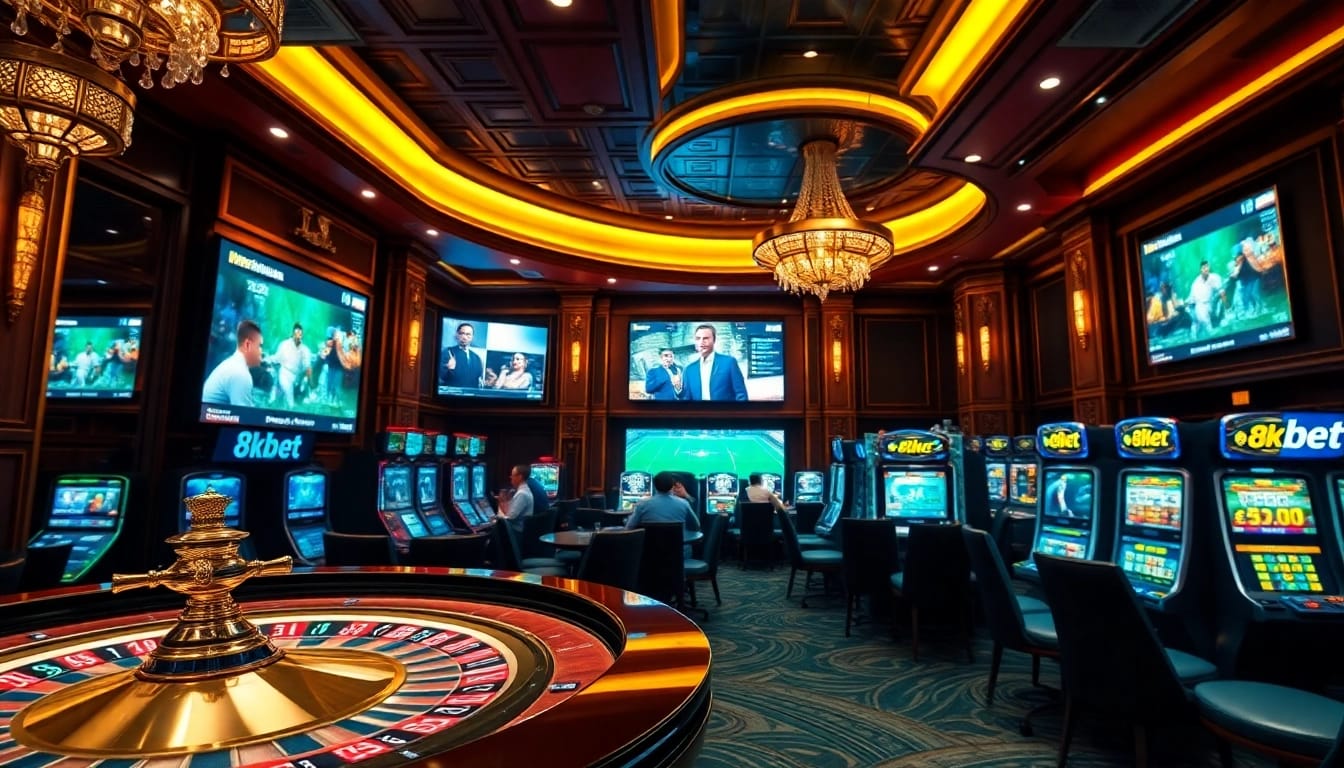 Lap a winning hand at 8kbet in this vibrant casino scene featuring slot machines and poker chips.