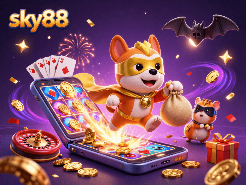 Immerse in the excitement of sky88 with a vibrant superhero-themed casino illustration packed with gold coins and gaming fun.