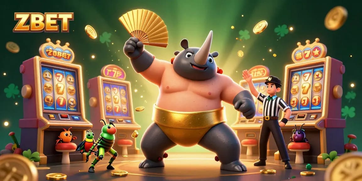Experience thrilling fun at ZBET with a vibrant illustration of a beetle champion celebrating with flying coins and slot machines.