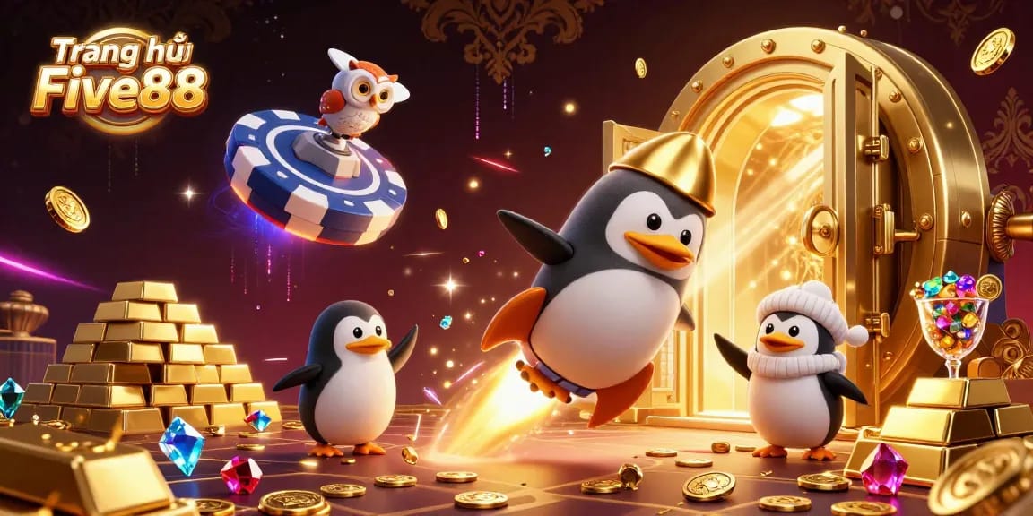 Experience the excitement on the Trang chủ Five88 with a thrilling casino adventure illustrated by a rocket-powered penguin.