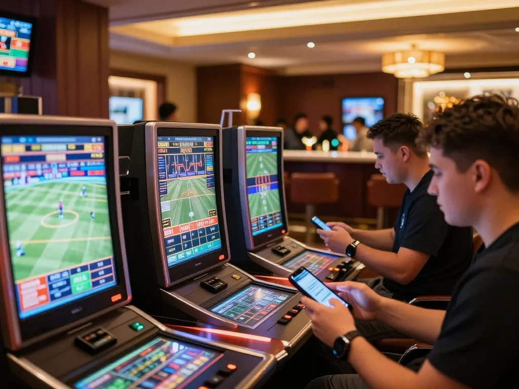 Engaging sports betting scene featuring multiple screens, excited players, enhancing Link mới Red88 experience.