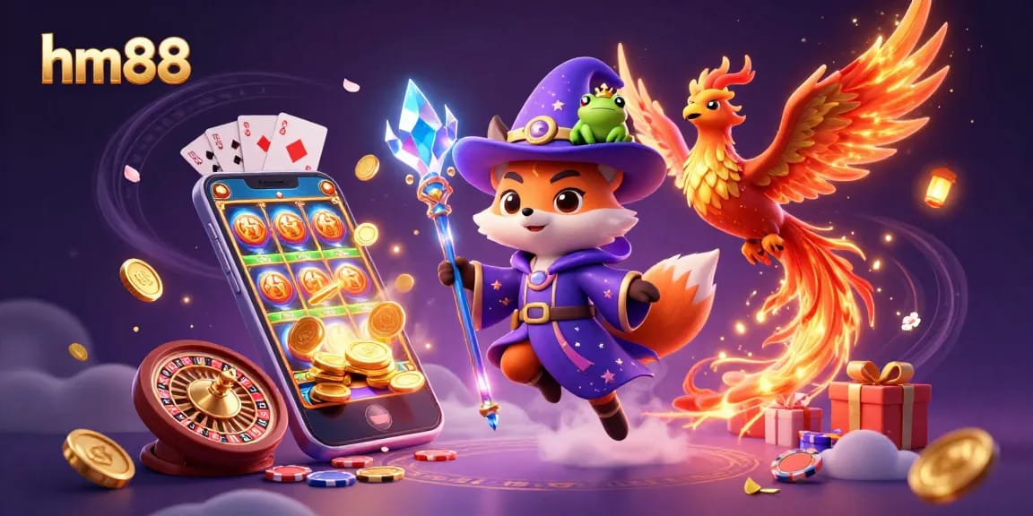 Experience exciting slots and gaming action with hm88 in this vibrant 3D casino illustration.