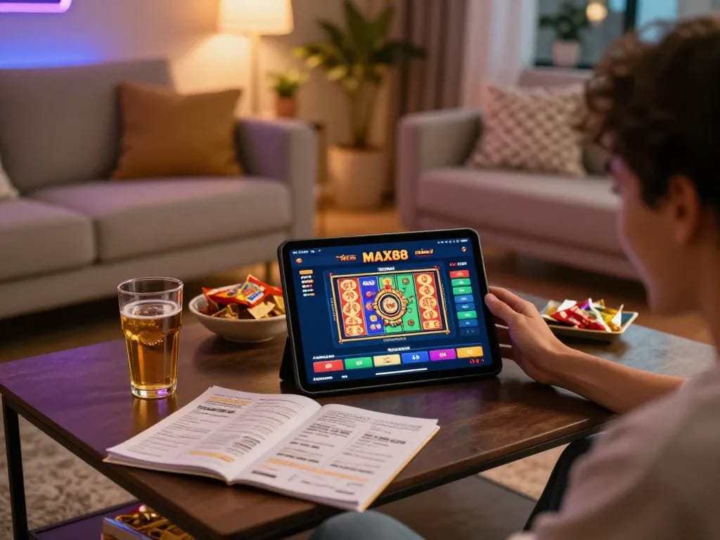 Enjoying the MAX88 gaming experience on a tablet in a cozy home setup.