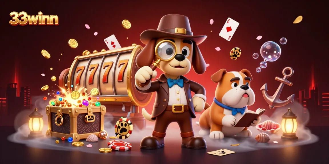 33winn features a 3D cartoon detective discovering treasures among slot reels and poker chips.