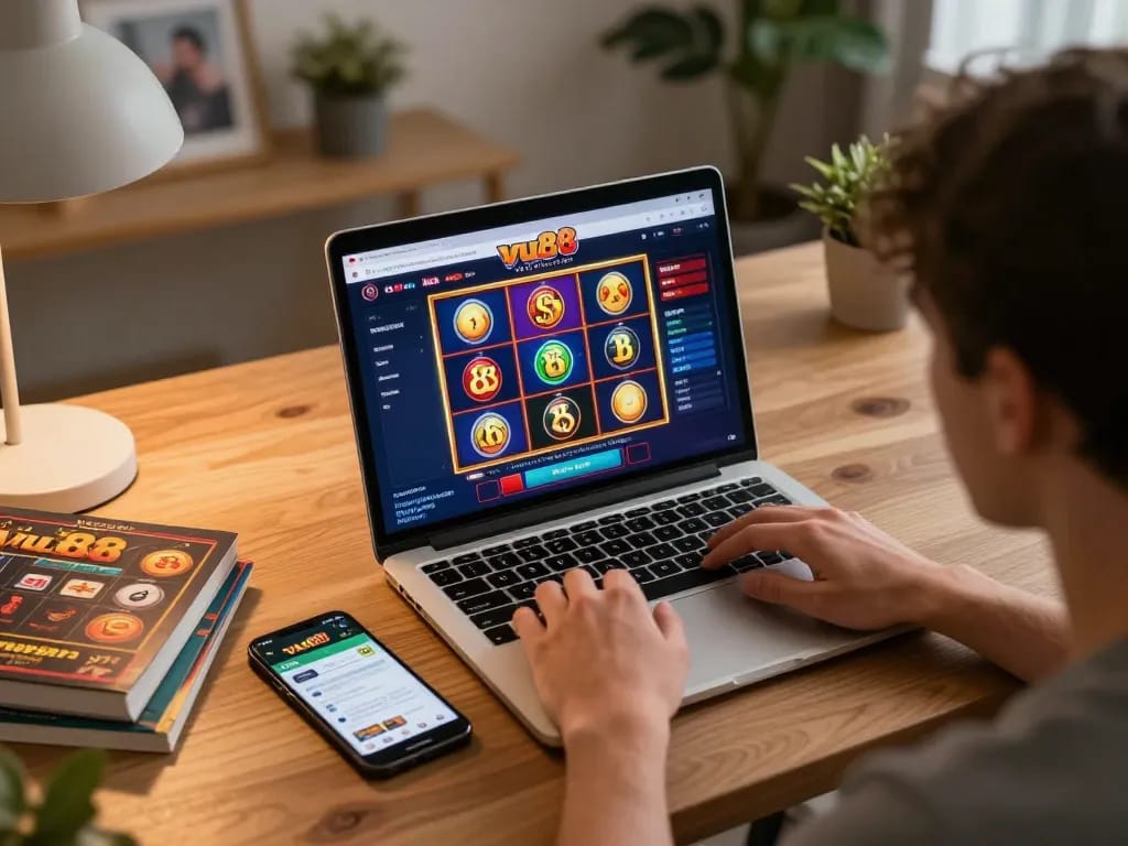 Player enjoying slot games at vu88 online casino in a cozy home setup with a laptop and smartphone.