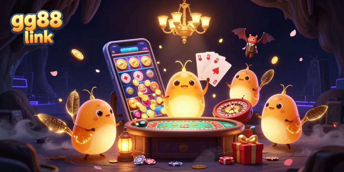Win big with the gg88 link - a vibrant casino scene featuring glowworms and games.