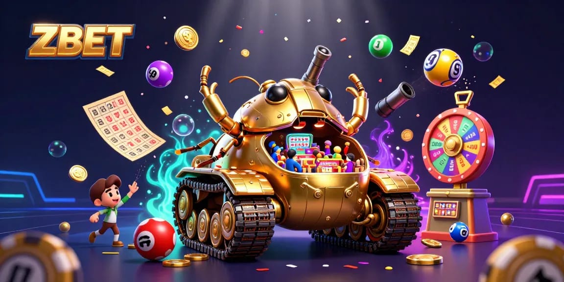 ZBET captures excitement with a vibrant casino scene inside a golden tank, surrounded by colorful lottery elements.