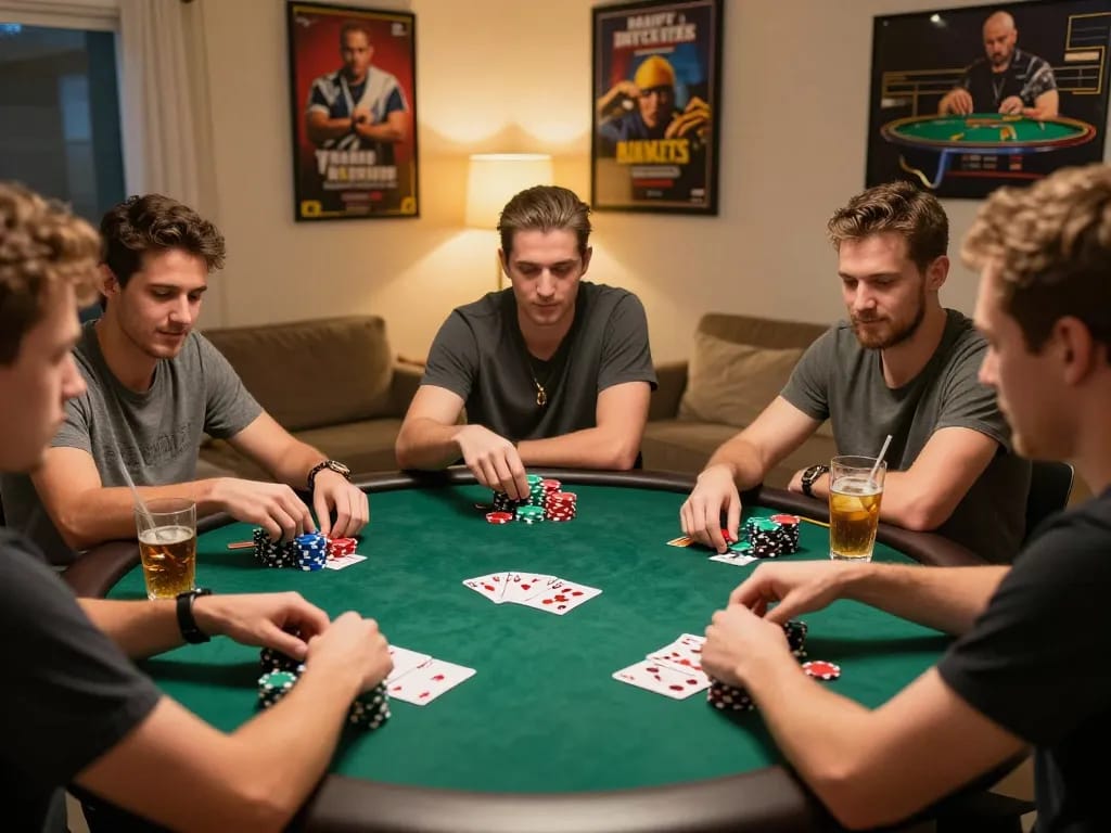 GO8 players enjoying a lively poker game night with colorful chips and focused expressions.
