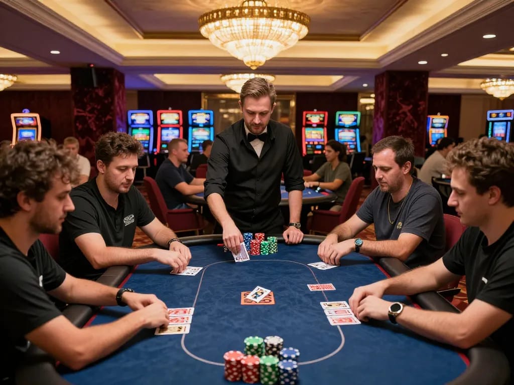 Engaged players focusing on poker strategies at Jun 88's upscale casino.