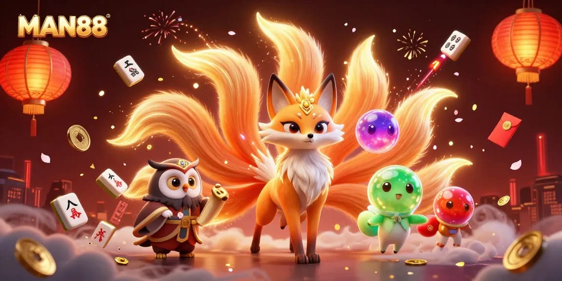 Experience winning strategies at MAN88 with a vibrant illustration of a nine-tailed fox and gaming elements.