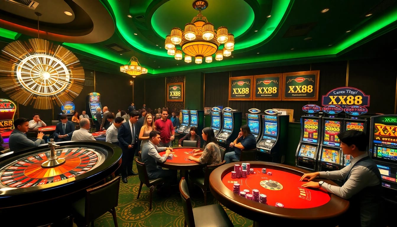 Excited players engaging in high-stakes betting at XX88's luxurious casino tables.