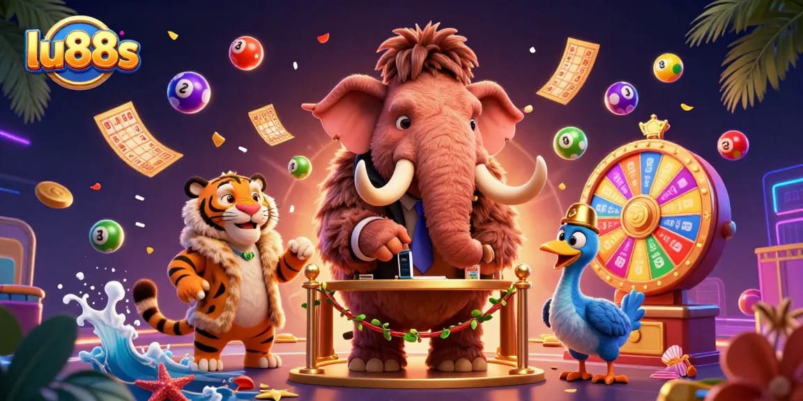 Experience entertainment with lu88s featuring a 3D cartoon mammoth bouncer and dynamic lottery elements.