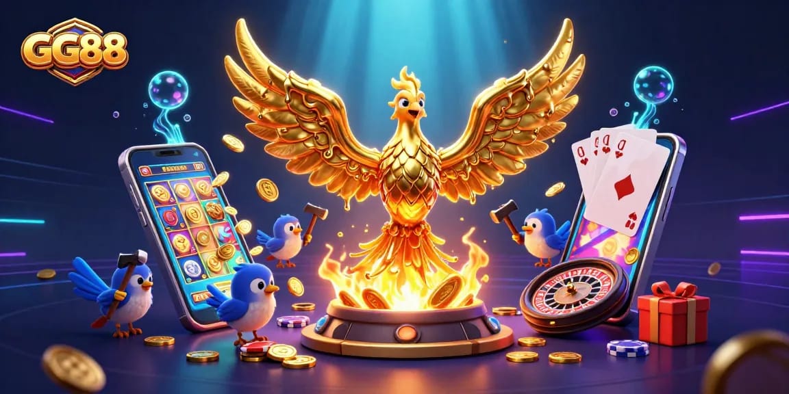 GG88 engages users with a dynamic scene of winning slots and casino excitement, featuring a molten phoenix's rise.
