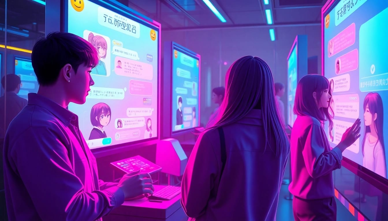 Dynamic Hentai AI chat scene with colorful characters and chat bubbles