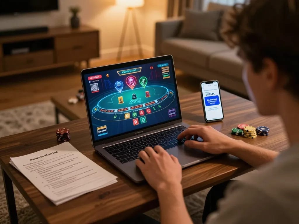 Engaging in live dealer blackjack on 555win laptop with strategic notes nearby