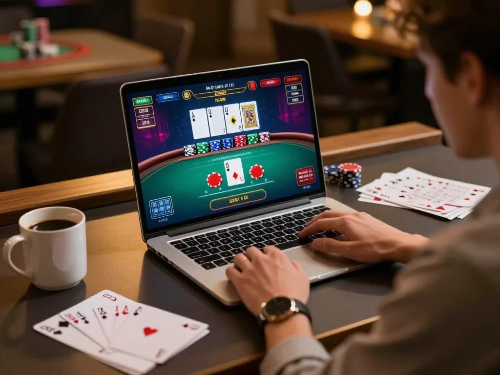 uk88 player enjoying live dealer blackjack on a laptop in a cozy gaming setup