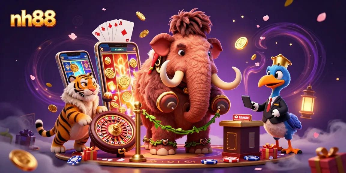 Experience exciting wins at nh88 with vibrant gaming elements around fun characters in an energetic casino.