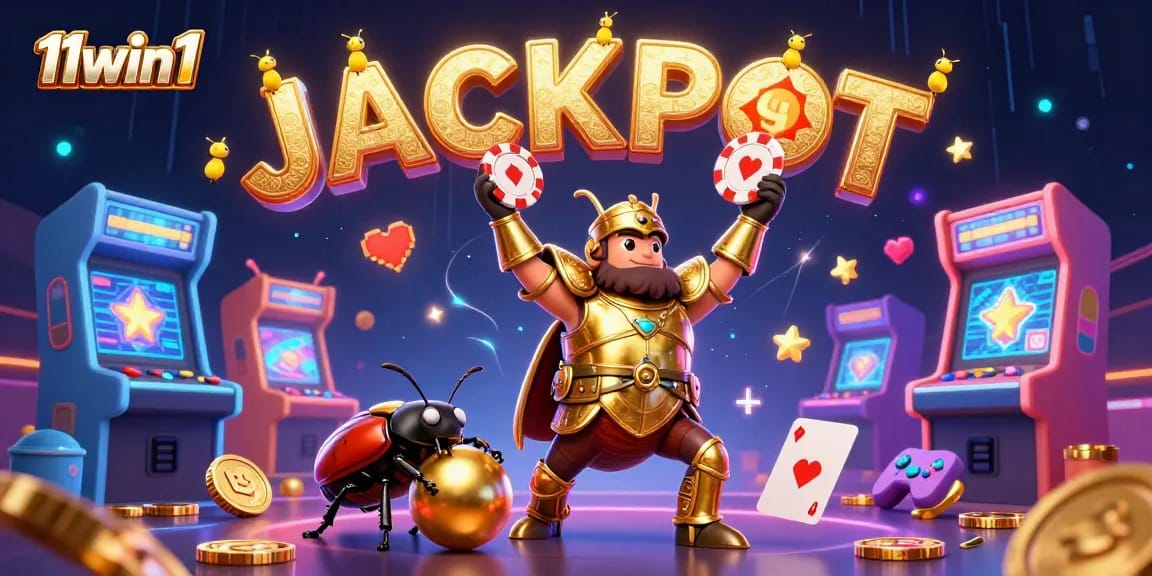 Visualize 11win1's gaming excitement with a victorious beetle in a vibrant casino scene.