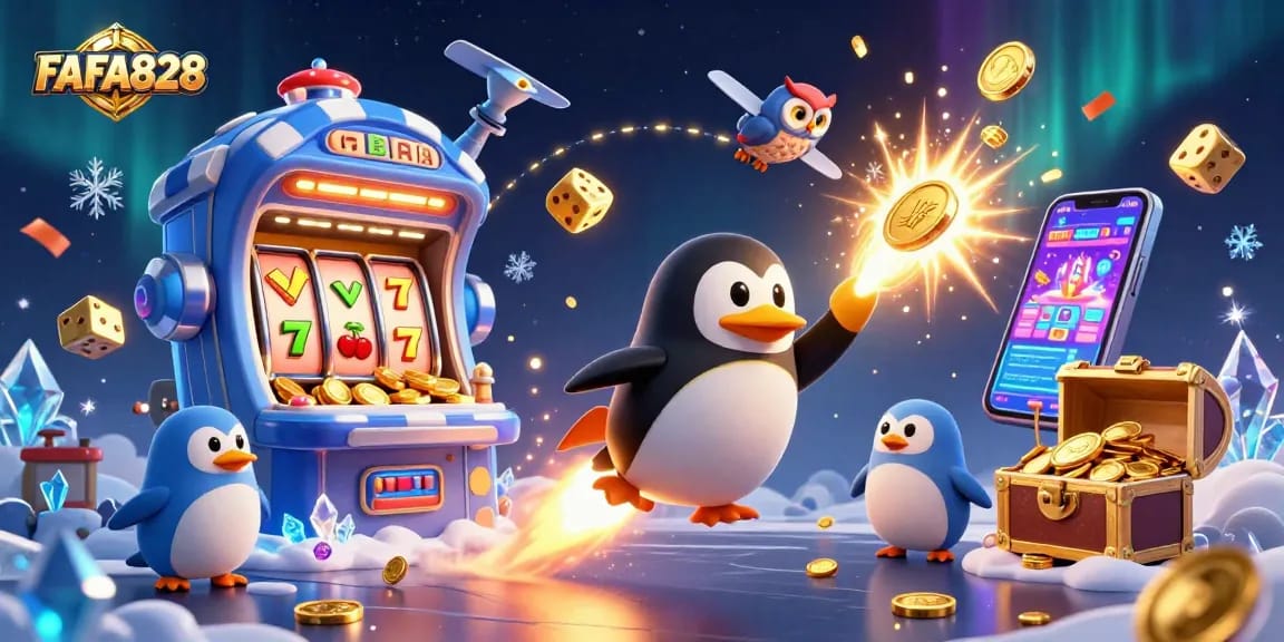 FAFA828 showcases a vibrant casino scene featuring a golden penguin and exciting game symbols for an engaging experience.
