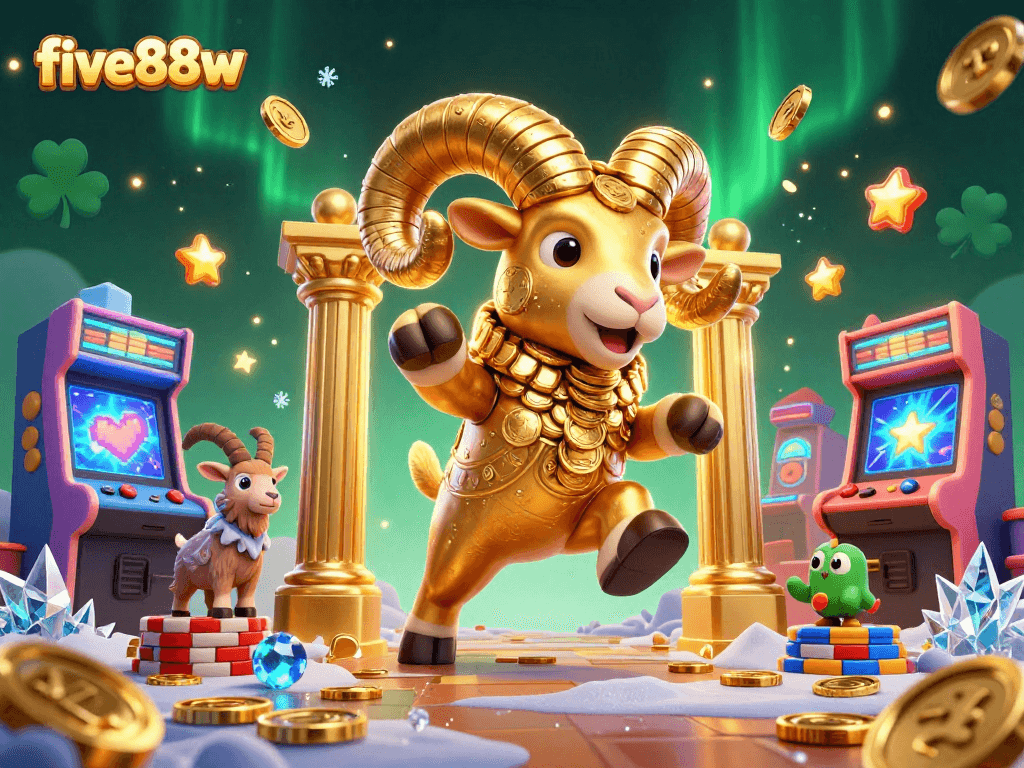 Join five88w for an exhilarating gaming experience with a golden ram charging through a vibrant casino scene.