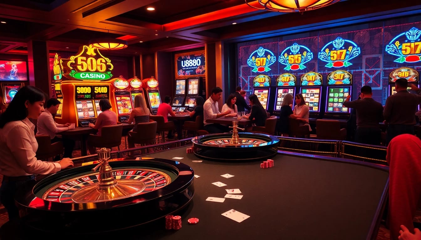 Experience the thrill of U8888 online gambling with vibrant slot machines and an energetic poker table scene.