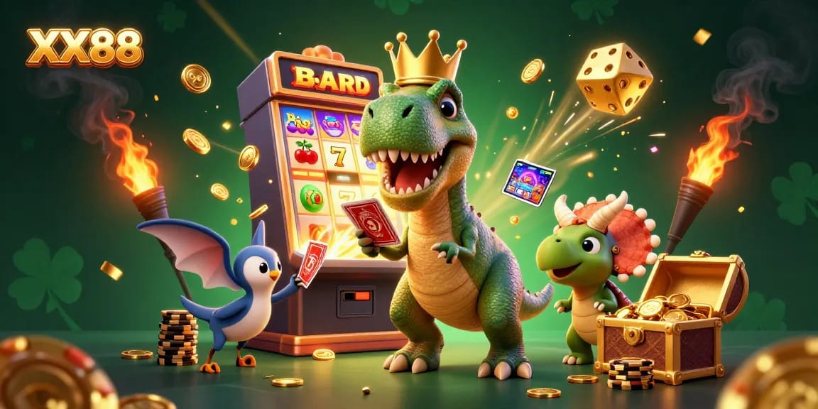 Experience the thrills of XX88 in a vibrant 3D scene with gambling action and casino symbols.