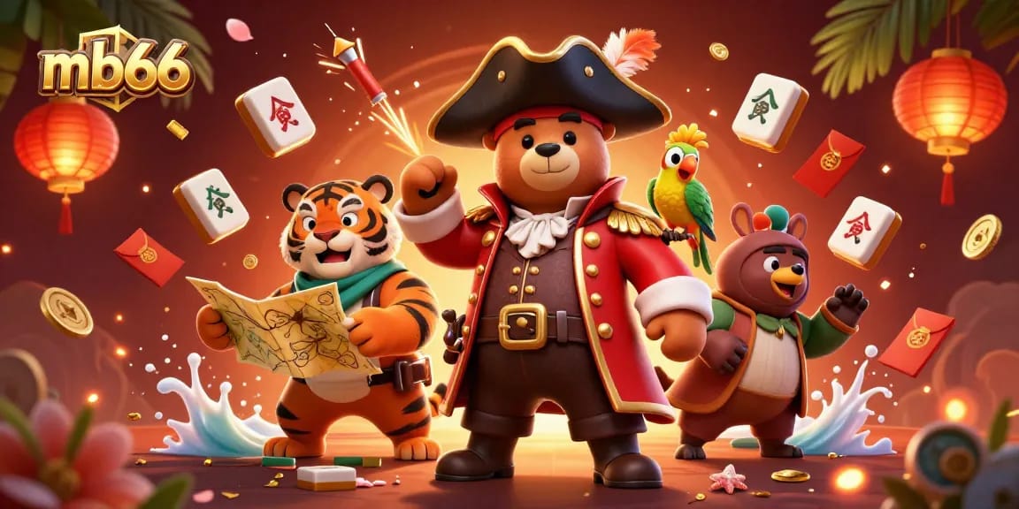 Engage in thrilling gaming with mb66, showcasing a pirate bear and tiger surrounded by casino elements.