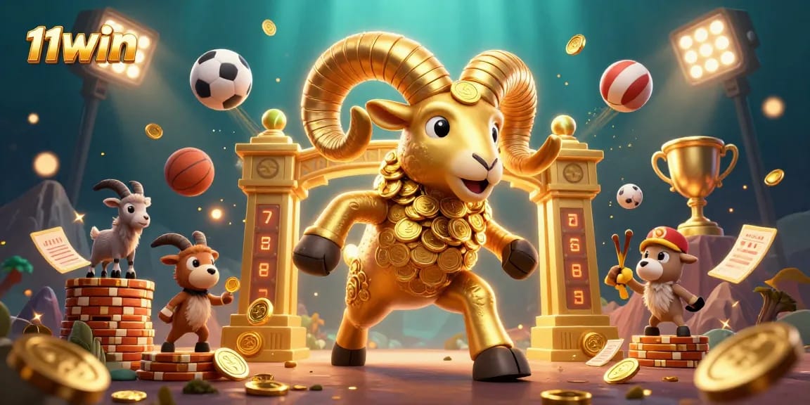 Engage with 11WIN’s thrilling sports betting scene featuring dynamic elements and a golden ram.