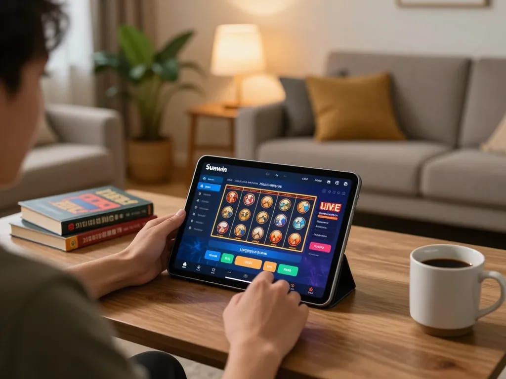Player enjoying Sunwin app on tablet in cozy living room, emphasizing responsible gambling