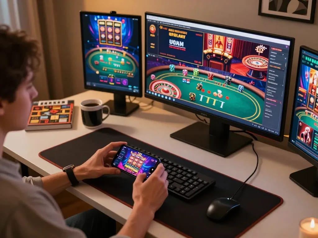 Engaging in online gaming with vin88, showcasing a dynamic home casino setup.
