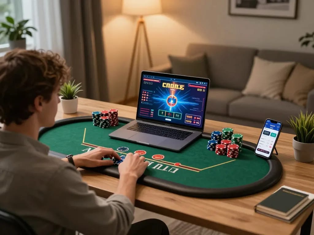 Engaging online gaming session with Red 88 poker on laptop, showcasing strategic play in a cozy home setup.