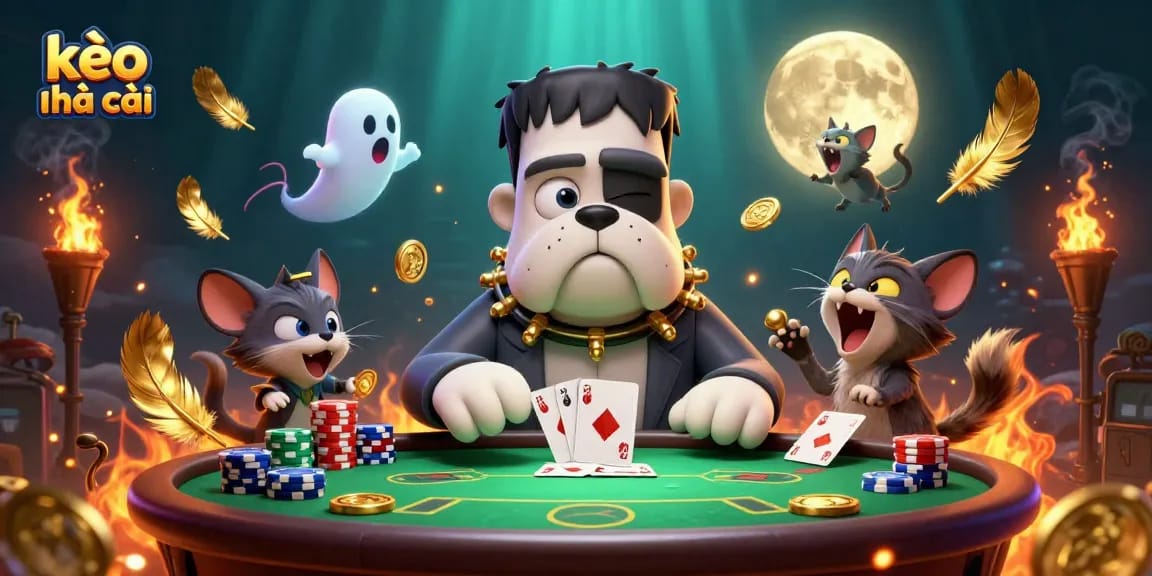 Engage in thrilling action at kèo nhà cái with a lively poker game featuring a cartoon bulldog dealer.
