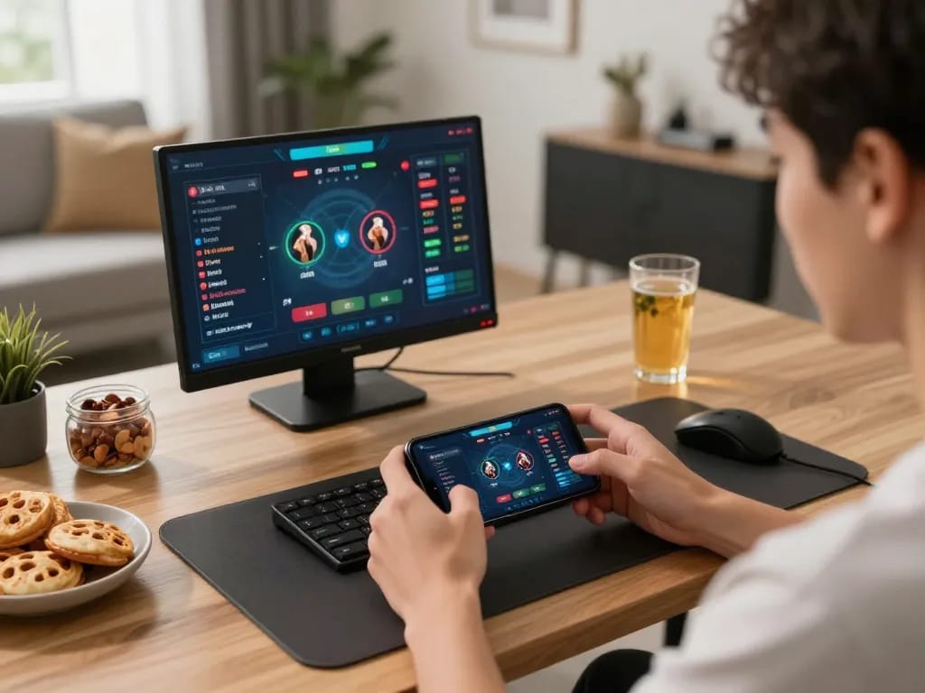 Engaging in w 88 live betting on smartphone surrounded by a comfortable home gaming setup